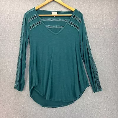 Deletta Anthropologie Women's Small Teal Blue V-Neck Long Sleeve Top Crochet - Image 1 of 4