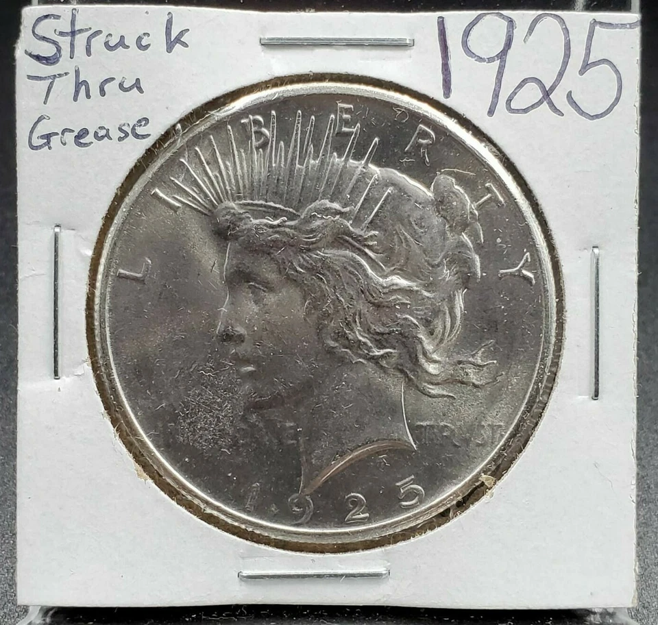 1925 P $1 CH BU Peace Dollar Error Struck Thru Through Grease MISSING MOTTO LTRS - Image 1 of 2