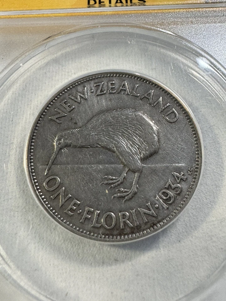 1934 New Zealand 1 Florin Silver Coin Graded XF 45 Details Cleaned by ANACS - Image 1 of 4
