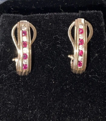 10K Genuine Ruby & Diamond Hoop Earrings Yellow Gold - Image 1 of 4