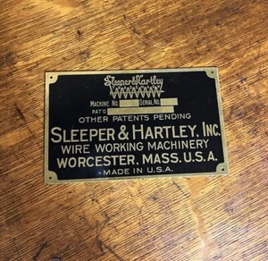 Brass Equipment Tag ~ Sleeper & Hartley Wire Working Machinery ~ Worcester, MA - Picture 1 of 2
