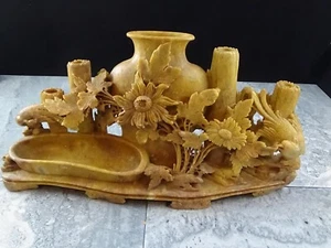 Large Chinese Soapstone Intracate Vases with Flowers & Birds Brownish Green - Picture 1 of 12