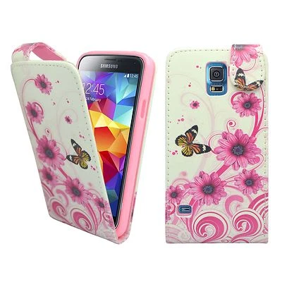 CASE FOR SAMSUNG GALAXY S5 WHITE PINK SWIRL FLOWER BUTTERFLY PU LEATHER FLIP  - Image 1 of 4