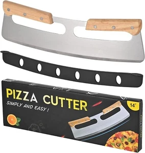 14 Inch Stainless Steel Pizza Cutter Rocker - Non-Stick Knife with Wooden Handle - Picture 1 of 6
