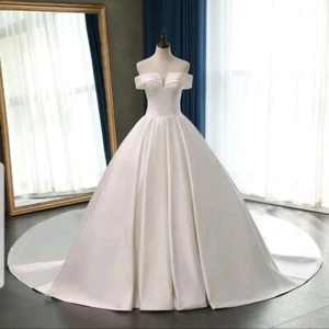 UK Off Shoulder Bridal Satin Ball Gown Cathedral Train Wedding Dresses 6-22 - Picture 1 of 4