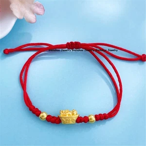 Pure 999 24K Yellow Gold 3D Rich Pixiu Yuanbao Beads Bracelet 0.75g 6.5in Adjust - Picture 1 of 5