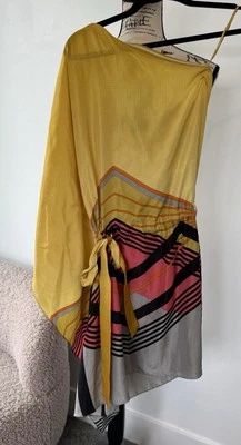 NICOLE MILLER ONE SHOULDER SILK DRESS Small Yellow Geometric Print Short - Image 1 of 4