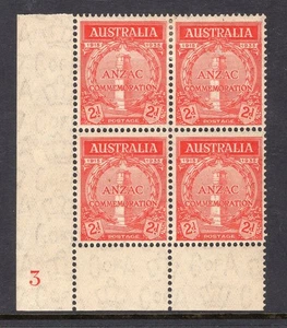 Australia 2d ANZAC 1935 plate block 3 in block x 4 ACSC 164zj 2 MH & 2 MNH - Bild 1 von 2