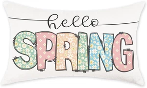 Hello Spring Lumbar Pillow Cover 12X20 Farmhouse Colorful Daisy Throw Pillowcase - Picture 1 of 6