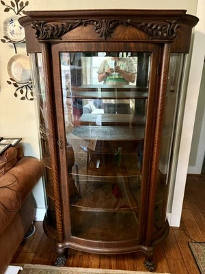 Armário antigo de porcelana de vidro curvo carvalho tigre - final dos anos 1800/início dos anos 1900 - todo original - Imagem 1 de 4