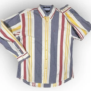 Y2K Tommy HILFIGER MEN L Blue Red Yellow Stripe Button Down Shirt Preppy 2002 - Picture 1 of 13