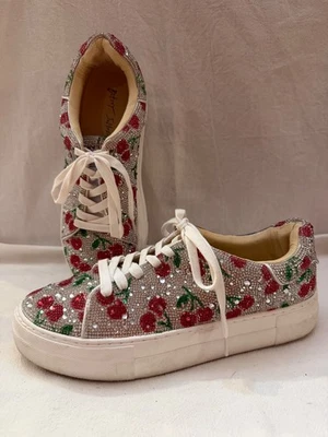 Betsey Johnson Sidny CHERRIES Rhinestone Women Shoes Size 10M Silver Red Green - Image 1 of 4