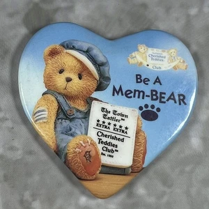Cherished Teddies Club Be A Mem-Bear VIntage Button Safety Pin Back 3" Heart - Picture 1 of 2