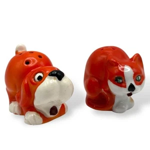 Vintage Hand Painted Orange Dog & Cat Salt Pepper Shakers Small Ceramic Germany - Picture 1 of 13
