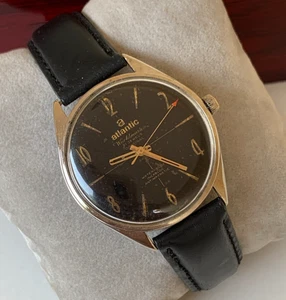 60er Jahre Vintage Atlantic Worldmaster Original Uhr schwarzes Zifferblatt 38mm Handaufzug 21 J - Bild 1 von 23