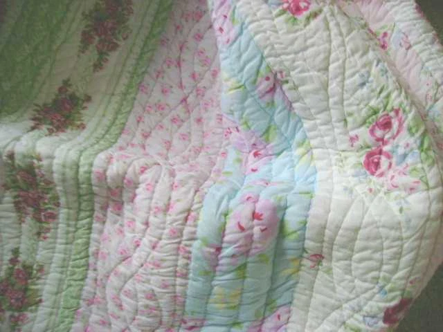 Shabby Cottage Patchwork Pink Roses Lizzy Chic Full Double Quilt Set 3 PC