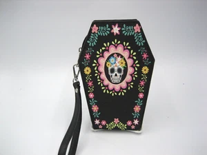 Portafoglio bara Sugar Skull RIP nero zip braccialetto Halloween giorno dei morti NUOVO - Foto 1 di 4