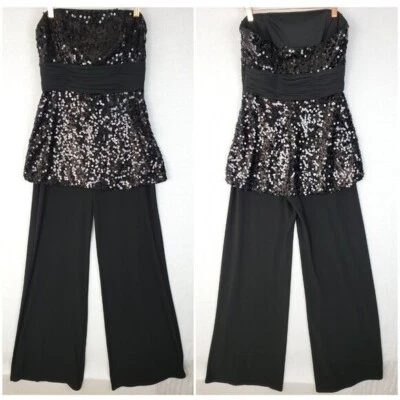 WHBM Jumpsuit Black Sequined Strapless Wide Leg size 6 Evening Formal Party Club - Image 1 of 4