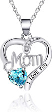 I LOVE YOU Mom Birth Stones Necklace, Silver Love Heart Pendant Necklace for Mom