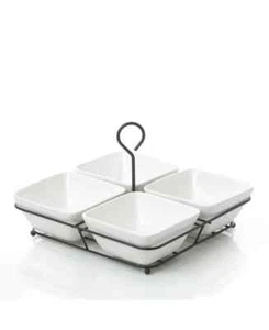 Ceramic Stoneware 4-pc Condiment & Snack tray Set w/ Metal Rack Dishwasher Safe - Picture 1 of 4