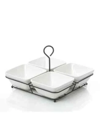 Ceramic Stoneware 4-pc Condiment & Snack tray Set w/ Metal Rack Dishwasher Safe - Image 1 of 4