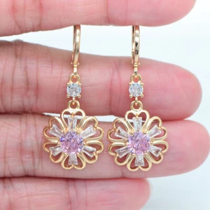 18K Yellow Gold Filled Women Pink Mystic Topaz Lace Flower Dangle Earrings - Picture 1 of 8