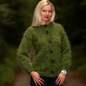 Green mohair sweater cardigan hand knitted thick fuzzy wool jacket SuperTanya - Picture 1 of 9