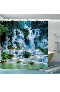 Waterfall Lake Sun Shower Curtain Waterproof Bathroom Polyester Curtains + Hooks - Picture 1 of 7
