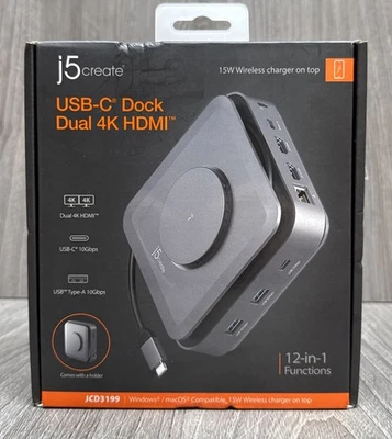 J5create JCD3199 USB-C Dock Dual 4K HDMI 140W PD Wireless Charge Gigabit SEALED - Image 1 of 2