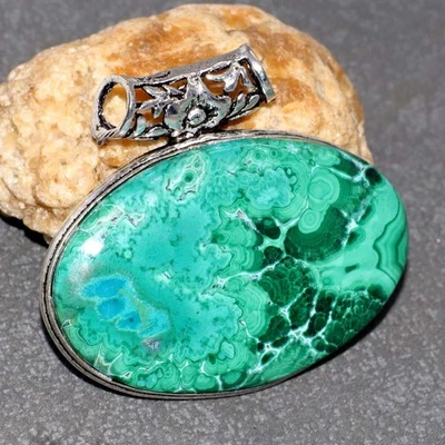 Colgante Hecho a Mano Crisocola Malaquita 925 Chapado en Plata 1.5" GW Foto 1 de 3