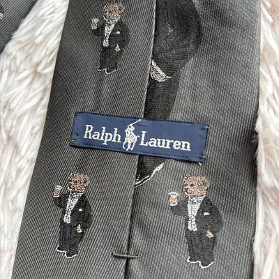 Ralph Lauren Men Scarf Polo Bear Silk Tie Grey Big Sword Tip 9.5Cm Limited Editi - Image 1 of 4