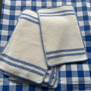 Hand Knitted Rectangular Placemats Set 7 Kitchen Dining 17X11.5 Blue, off-white - Picture 1 of 3