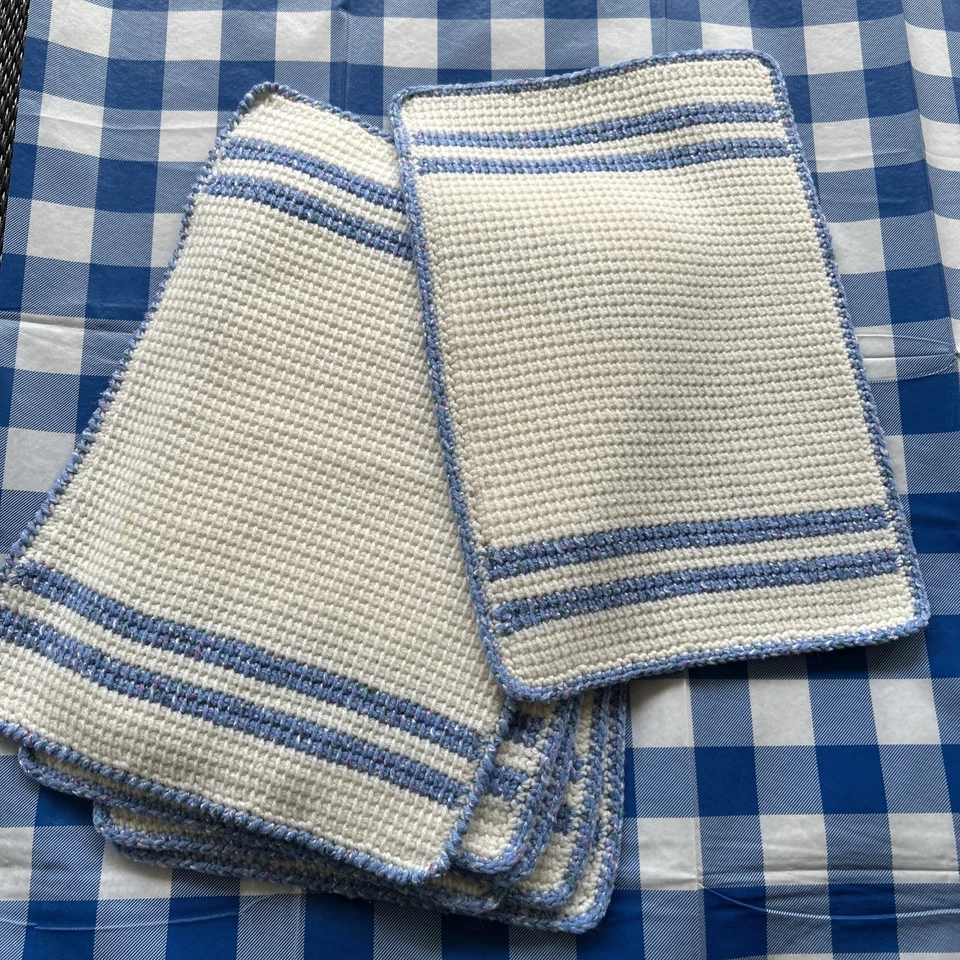 Hand Knitted Rectangular Placemats Set 7 Kitchen Dining 17X11.5 Blue, off-white - Image 1 of 3