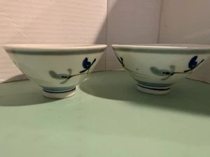 2 Vintage Japanese Porcelain Rice Bowls Blue Flowers Brown Stems - Picture 1 of 10