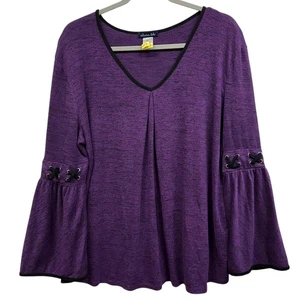 Olivia Blu Shirt Womens XL Purple Bell Sleeve V-Neck Lace Up Grommet Tunic Top - Picture 1 of 6