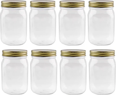 16oz Clear Plastic Mason Jars (8-Pack, Gold Metal Lids); PET BPA-Free Mason Styl - Image 1 of 4