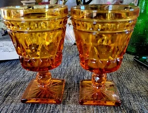 Set of 2 amber glass goblets,Indiana glass /8 oz sq. pedestal goblets, 5.25" VTG - Picture 1 of 10