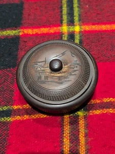 Vtg Mid Century Wooden Hand Engraved Lidded Bowl Landscape - Picture 1 of 3
