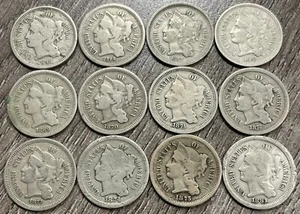 1865-1881 Three Cent Nickel 3CN Collection, 12 Coins Total, Circulated - Picture 1 of 4