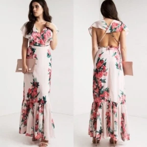 LUXXEL Pink Floral Print V-Neck Ruffle Tie Back Romantic Maxi Dress M = 6/8 🌸 - Picture 1 of 7