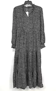 Pretty Garden Dress Womens Large Maxi Tie V Neck Black Printed Long Sleeve Boho - Picture 1 of 11