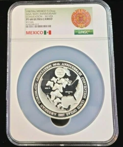 1987 MEXICO SILVER 5 ONZA ANA CONVENTION NGC PF 68 ULTRA CAMEO SERIAL #1166 RARE - Picture 1 of 6