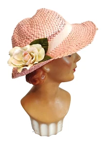 1970s Vintage Pink Straw Hat with Rose - Picture 1 of 6