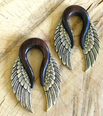 PAR DE ALAS TRIBALES 9/16" PULGADAS Plateado Latón SONO MADERA PESAS DE OREJA TAPONES Foto 1 de 3