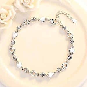 Pulsera Tenis Ajustable Corazón Circonita Tono Plateado Artesanal Joyería de Moda - Imagen 1 de 6