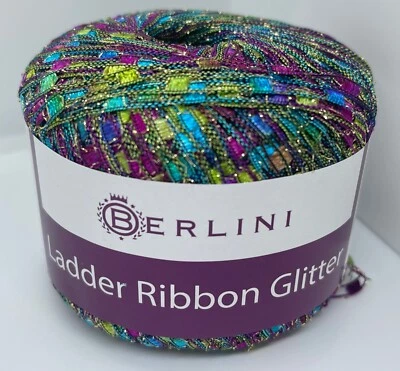 Berlini Ladder Ribbon Glitter Yarn 86 Jasmine Pink Blue Green + w/ Gold 50g 142y - Image 1 of 4