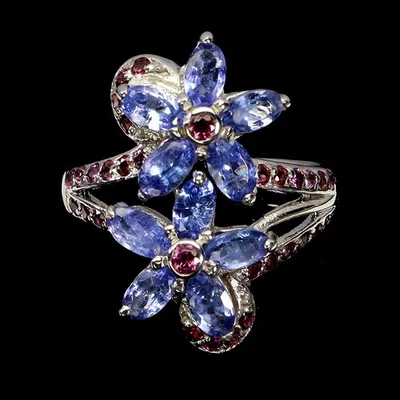 Anillo de plata de ley 925 ovalado tanzanita rodolita piedras preciosas naturales tamaño de joyería  Foto 1 de 4