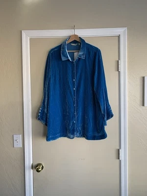 Soft Surroundings Icon Moonlight Silk Velvet Poets Tunic Shirt Mykonos Blue XL - Image 1 of 4