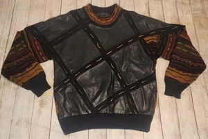 Vintage Saxony Sweater Medium Leather Acrylic 90s Knit Coogi Multicolor *Read* - Picture 1 of 4