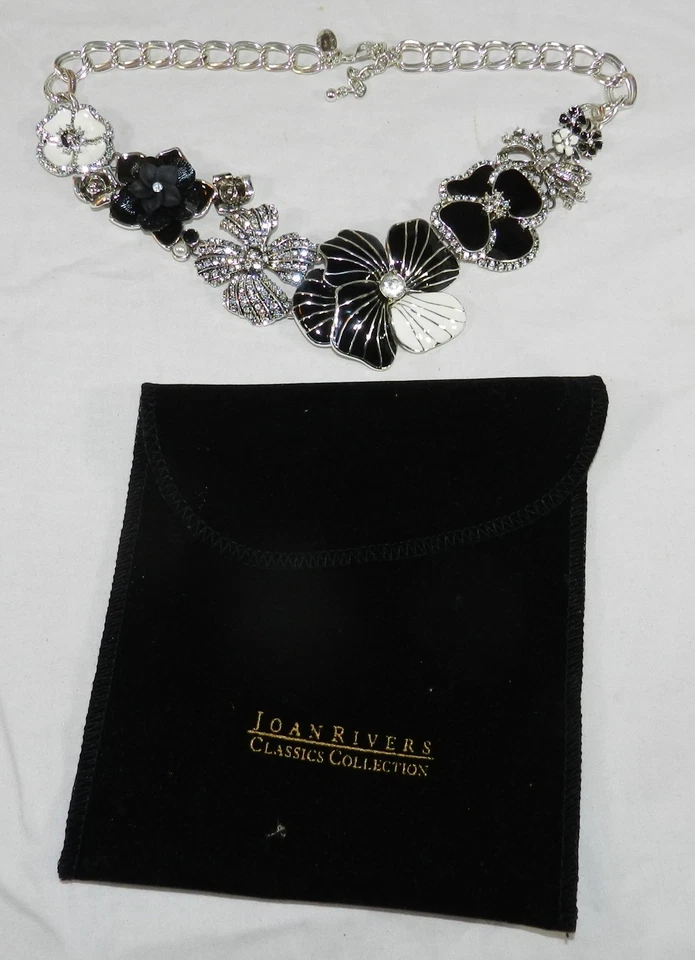 New w/ Pouch - Joan Rivers Black Enamel Floral necklace - 18.5" to 21.5" - Image 1 of 4